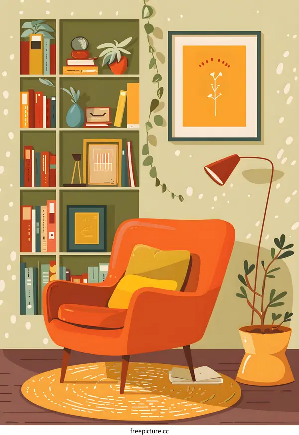 Cozy Living Room Interior Design With Orange Armchair and Bookshelf
