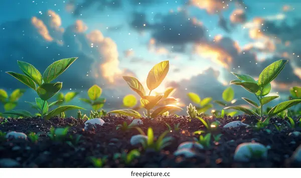 Green plants growing in the soil with a beautiful sky in the background