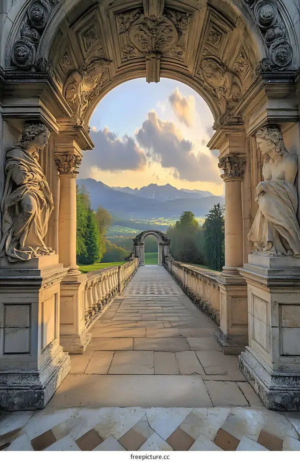 Stone Archway Leading to Scenic Mountain View