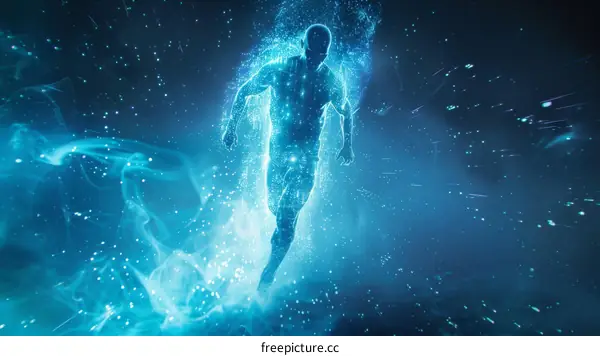 Blue translucent man running in space