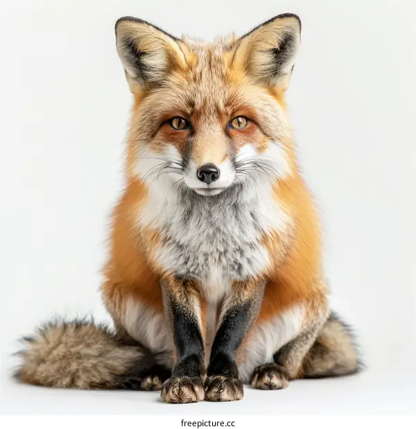 A red fox sits on a white background