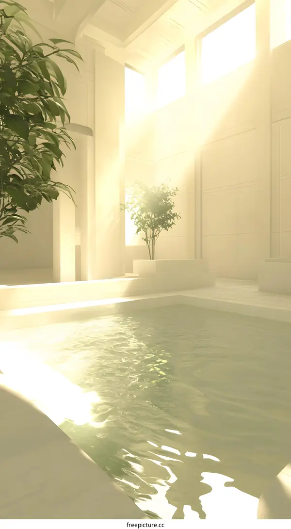 Minimalist Interior Design With A Pool And Sunlight