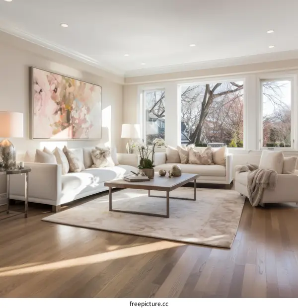 Bright living room with comfortable white sofas and chairs