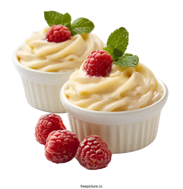 [Transparent Background PNG]Vanilla Cream Dessert with Raspberries and Mint
