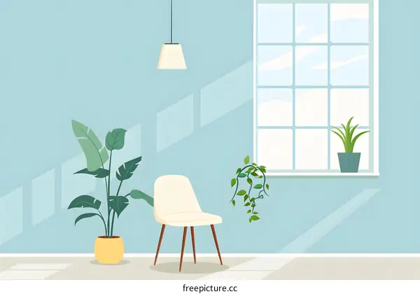 Modern Minimalist Interior Design with Green Plants and a White Chair