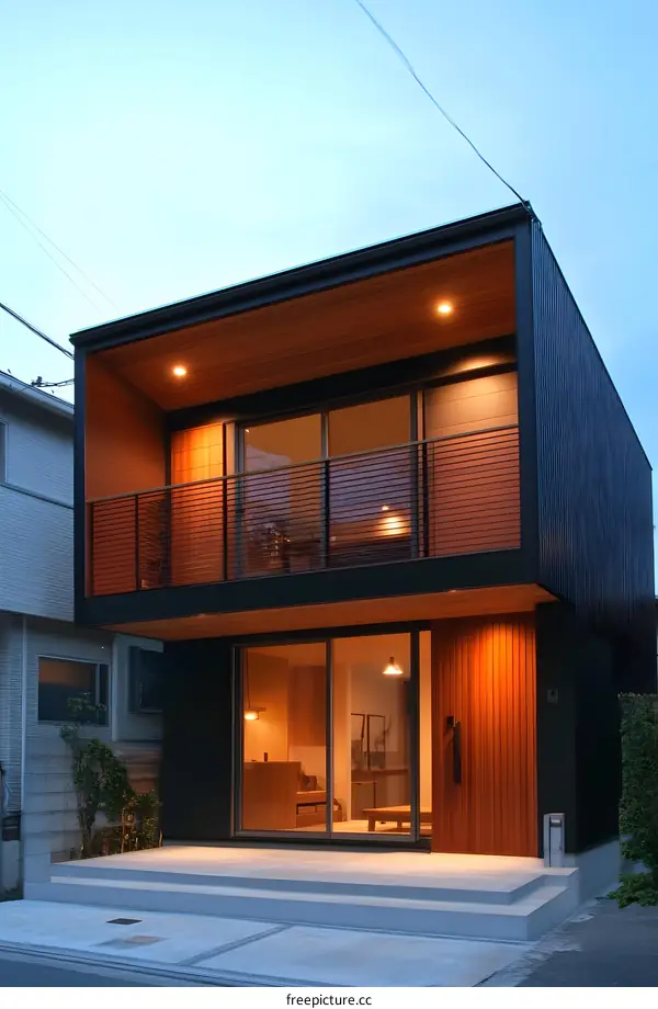 Modern Two Story House with Wooden Accents and Balcony