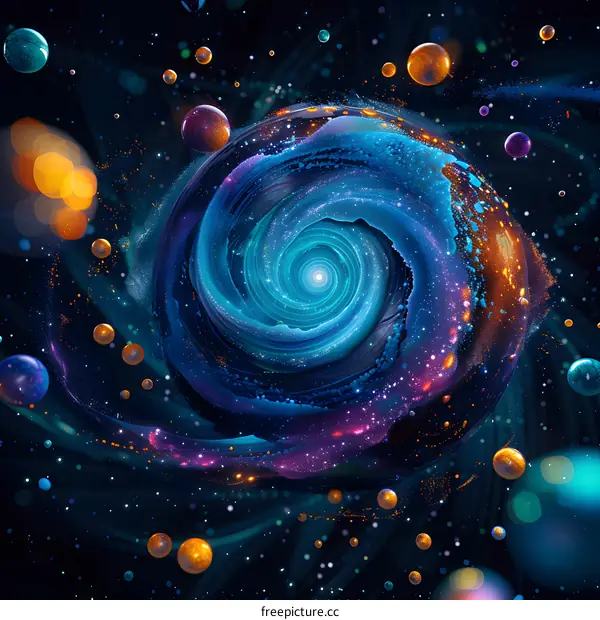 Blue and purple abstract vortex surrounded by colorful spheres