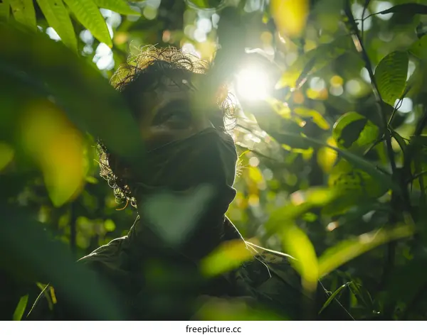 A soldier wearing a mask is hiding in the jungle and looking around cautiously