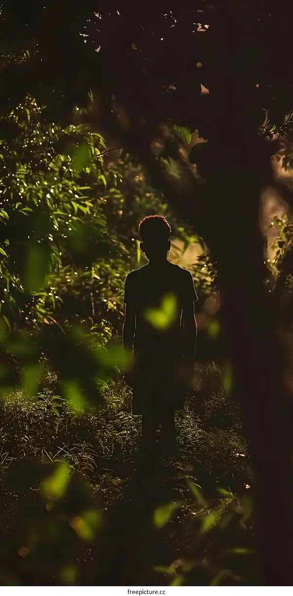 Silhouette of a Man Standing in the Woods