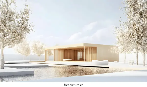 Modern Wooden House with Pond and Trees