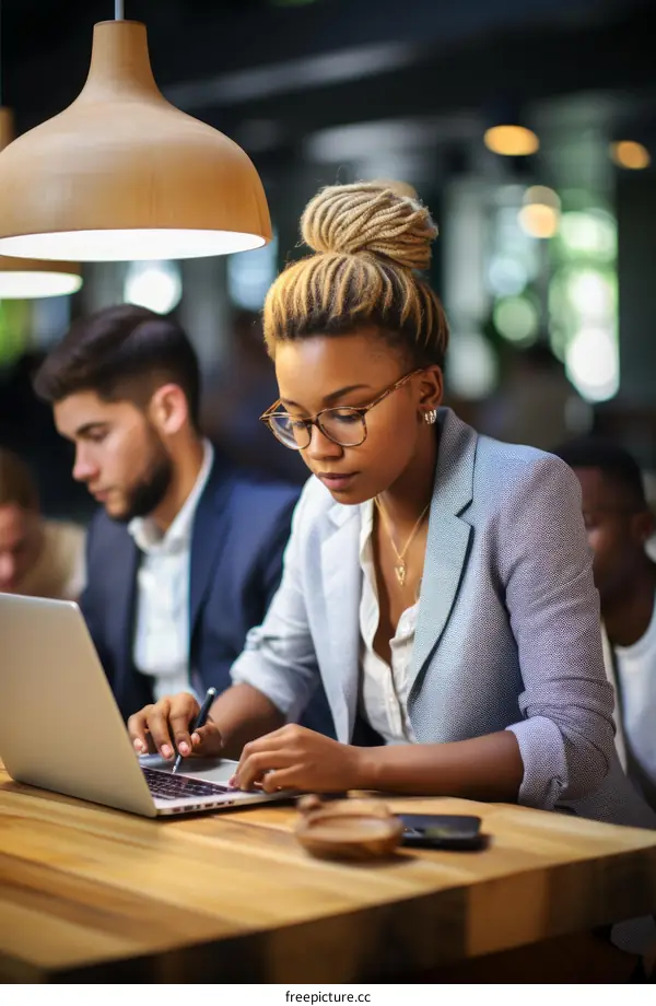 Black businesswoman working on laptop in a cafe with colleagues in the background