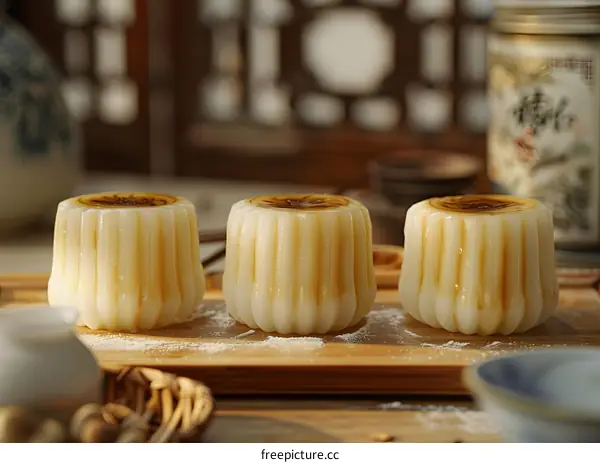 Three White Glutinous Rice Cakes on Wooden Tray