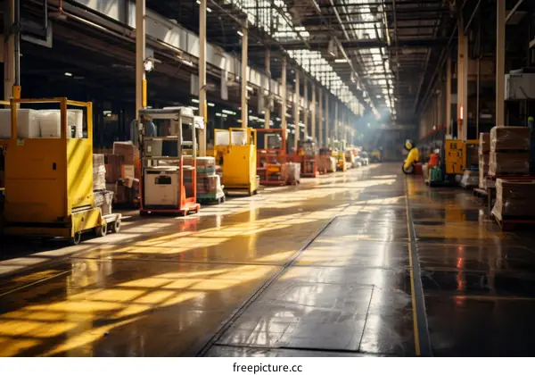 Empty Factory Building with Yellow Forklifts