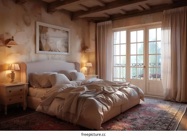 A bedroom with a large bed, a sitting area, and a balcony.