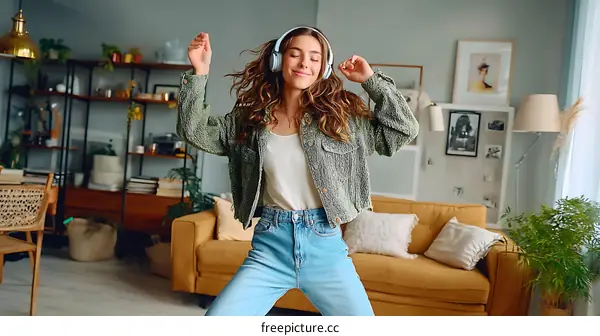 Young Woman Dancing to Music at Home