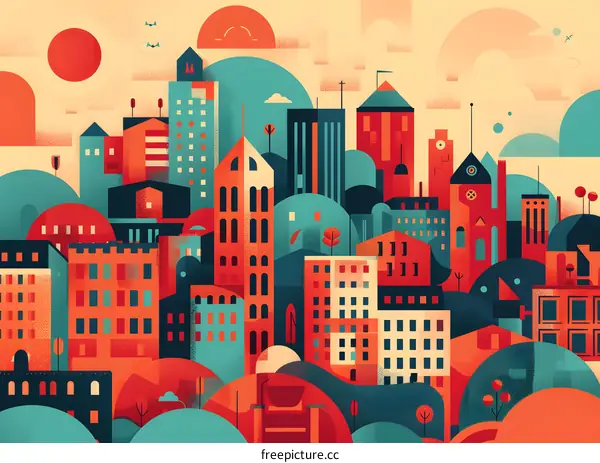 Abstract Cityscape Illustration With Red And Blue Buildings