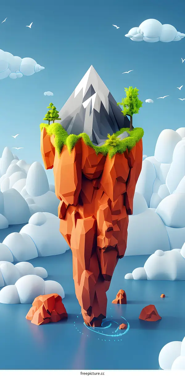 A surreal floating island with a mountain and trees