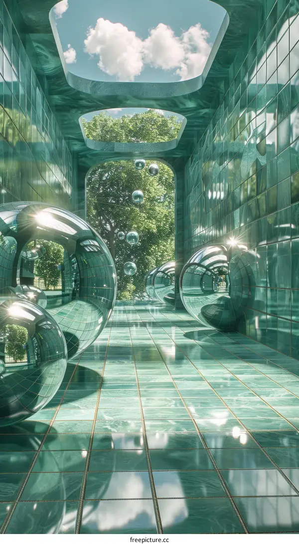 Minimalist Green Tiled Room with Reflective Spheres