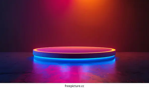 3D rendering of a glowing podium with blue and pink neon lights