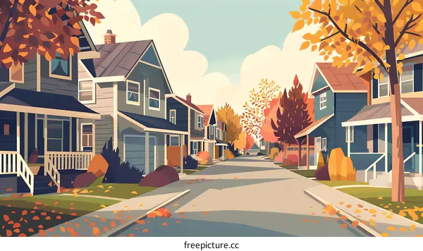 Autumn Street Scene With Colorful Houses