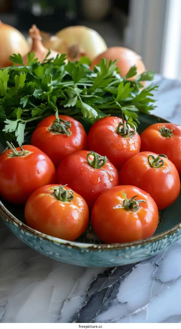 Fresh Ripe Tomatoes in a Bowl with Parsley and Onions