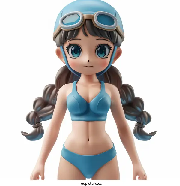 Illustration of a young girl in a blue swimsuit and blue hat