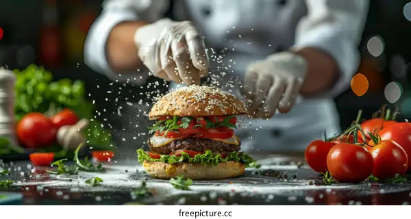 Chef is seasoning a delicious-looking burger with sesame seeds