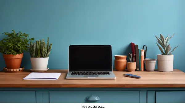 Desk setup with laptop, books and plants