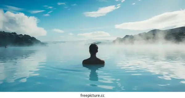 Man Soaking in a Geothermal Spa in Iceland