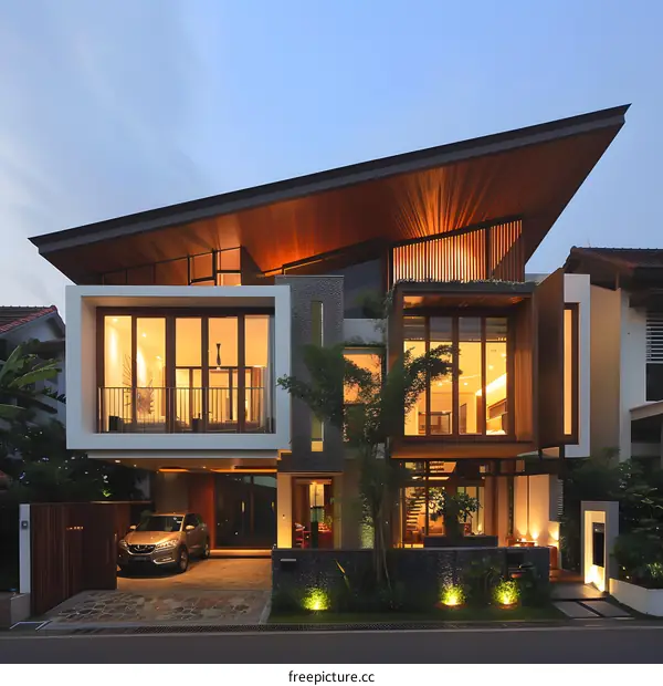 Modern Home with Wooden Roof and Large Windows