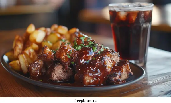 Delicious BBQ Ribs with French Fries and Soda