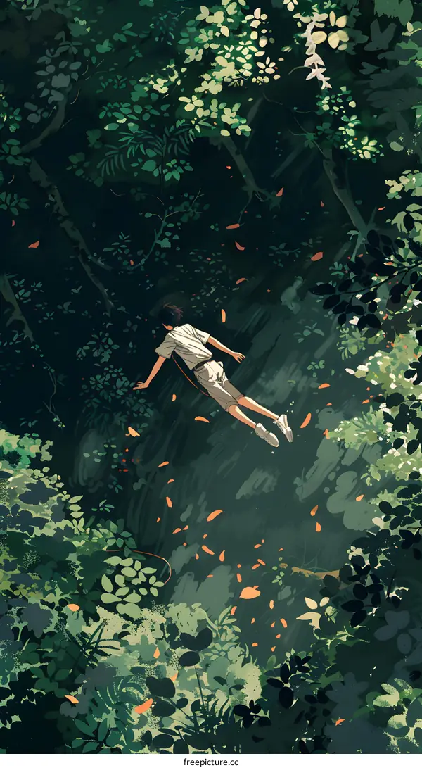 Young Man Flying Through the Forest