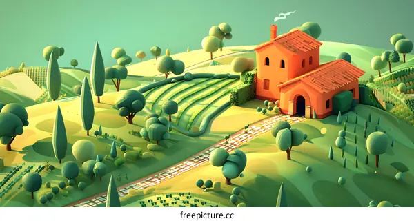 Cartoon Illustration of a Green Landscape with a House