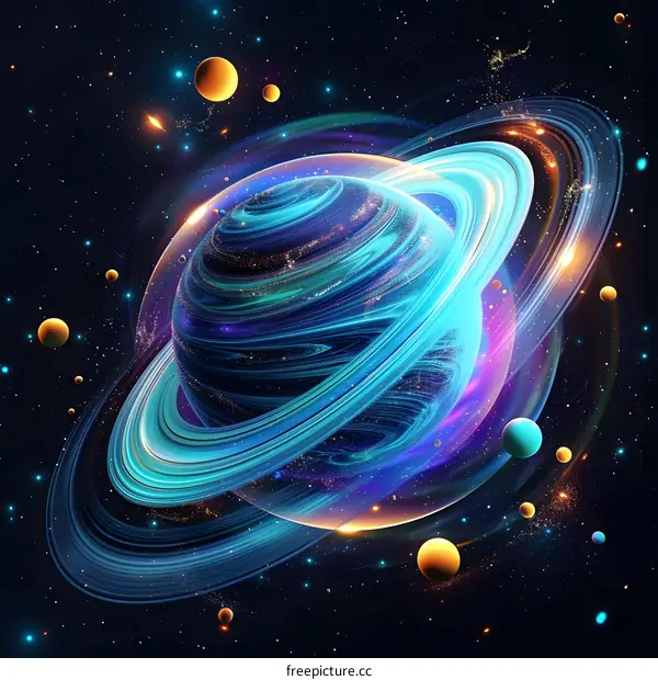 Blue and purple planet with rings and stars