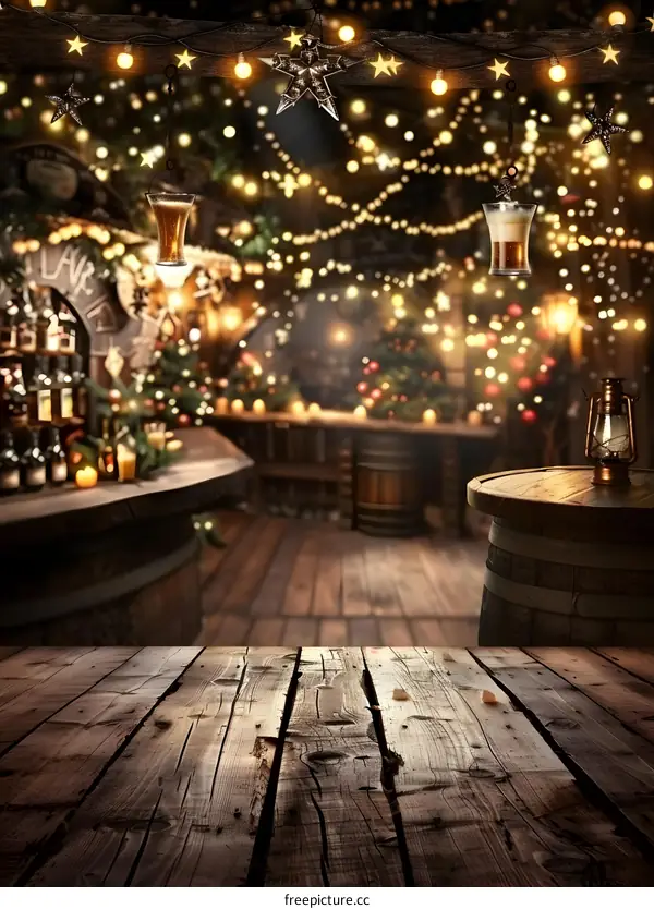 Wooden Table With Blurry Christmas Bar Background