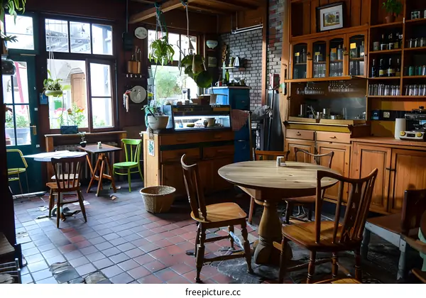 Vintage Cafe Interior With Wooden Table And Chairs