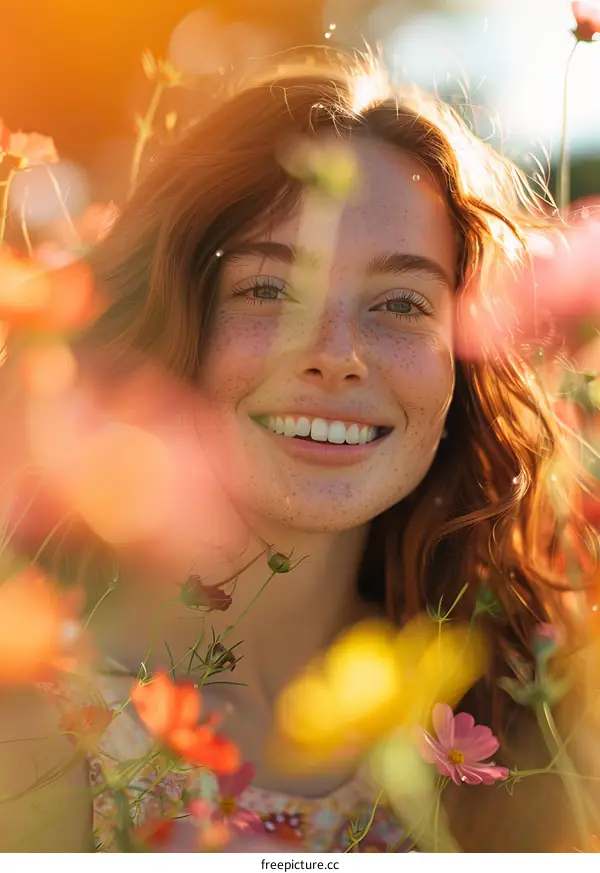 Smiling Woman in a Field of Flowers