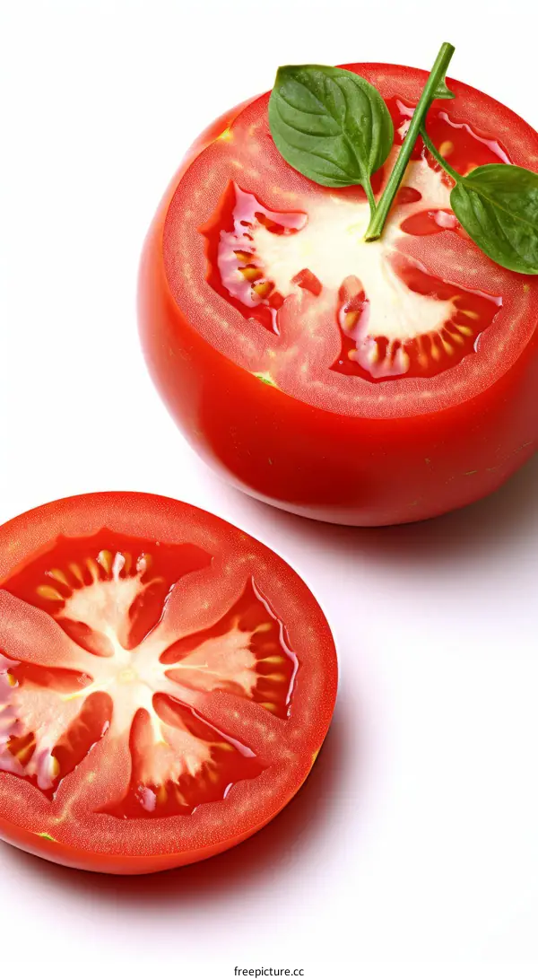 Two halves of a tomato with a basil leaf on top