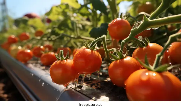 Close-up of ripe tomatoes growing in a greenhouse