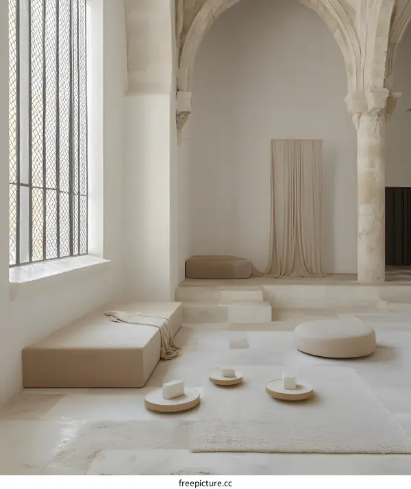 Minimalist Interior Design with Beige Cushions and a Rug in an Old Stone Building
