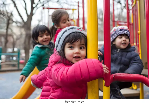 Children Playing On Playground In Winter