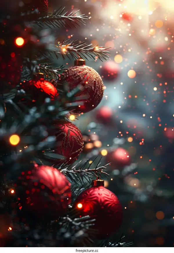 Christmas Tree Adorned with Crimson Ornaments