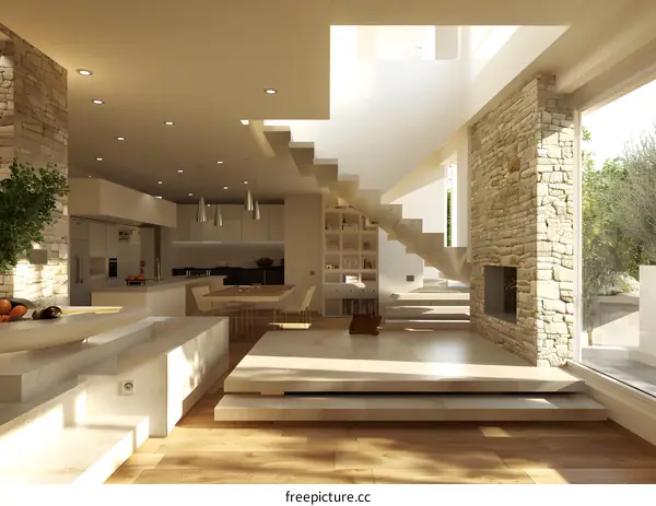 Modern living room with open kitchen and staircase