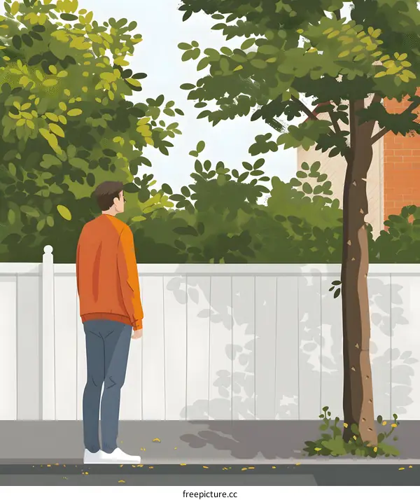 Man Looking Over A White Fence In A Green Suburban Neighborhood