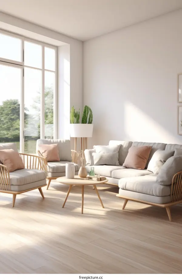 Modern interior of living room with sofa, chair, coffee table and decorations