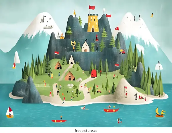 Illustrated Landscape with Castle and Mountains