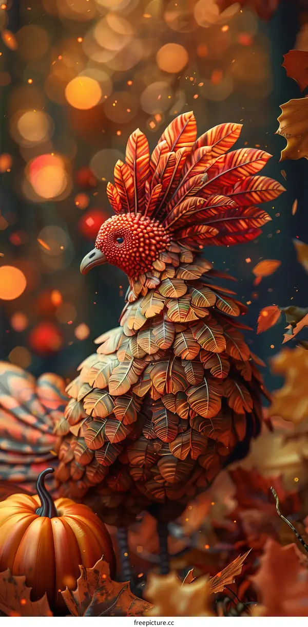 Autumn Phoenix: Majestic Bird of Leaves Amidst Pumpkins