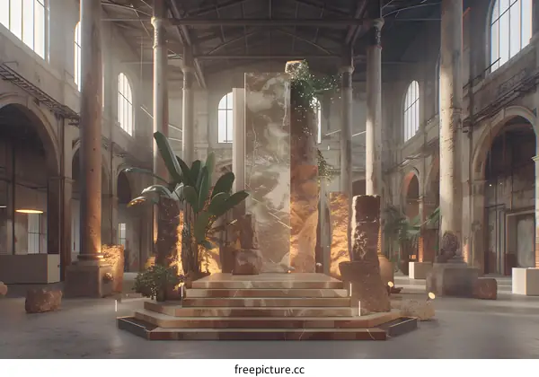 Stone Column Architectural Interior Design With Plants