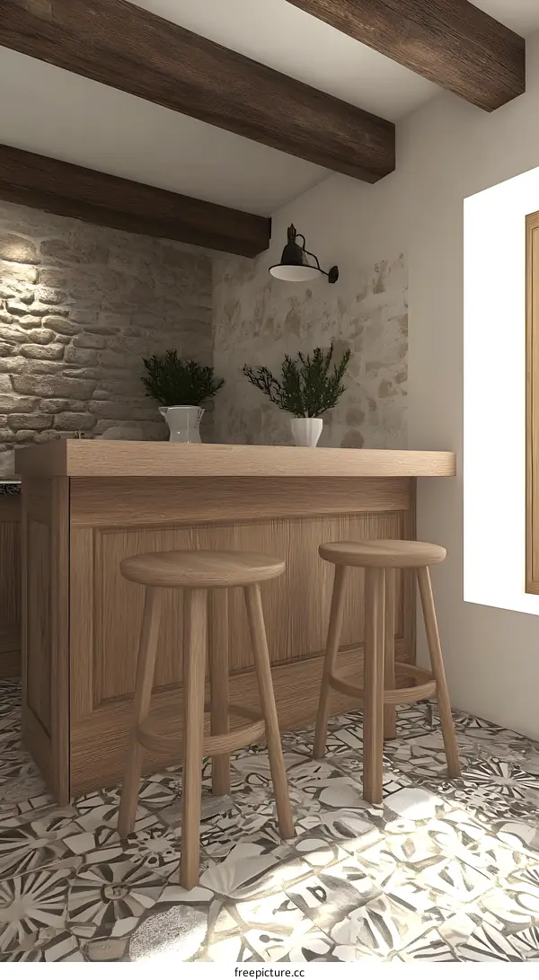 Rustic Kitchen Interior Design with Wooden Bar Stools