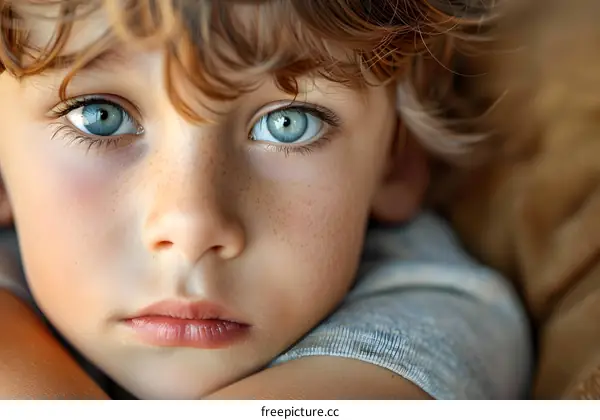 Portrait of a boy with freckles and blue eyes